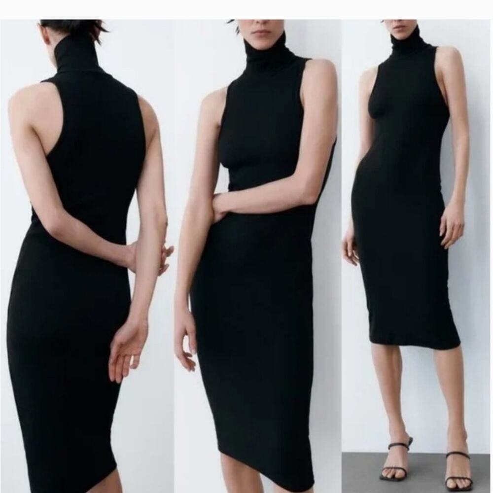 Zara knit midi dress Sz S turtleneck gray sleeveless stretch bodycon A41C
